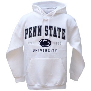 white hooded sweatshirt with stitched Penn State over Athletic Logo, Est. 1855, and University